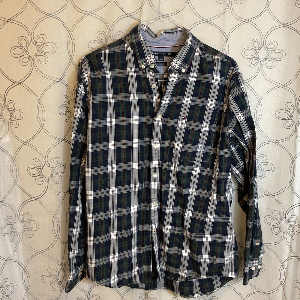 Men's Tommy Hilfiger Blue Green Red Plaid Button Up Long Sleeve Shirt Size Large